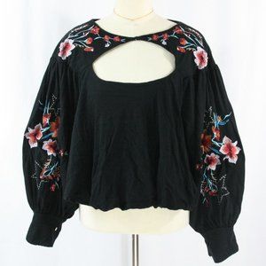 Free People Small Floral Embroidered Puffy Sleeve Poet Crop Top Black